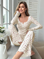 Sleepwear Women Floral Print Lettuce Trim Top with Long Pant Lovely Loungewear Full Sleeve Nightwear Spring Autumn Pajamas Set