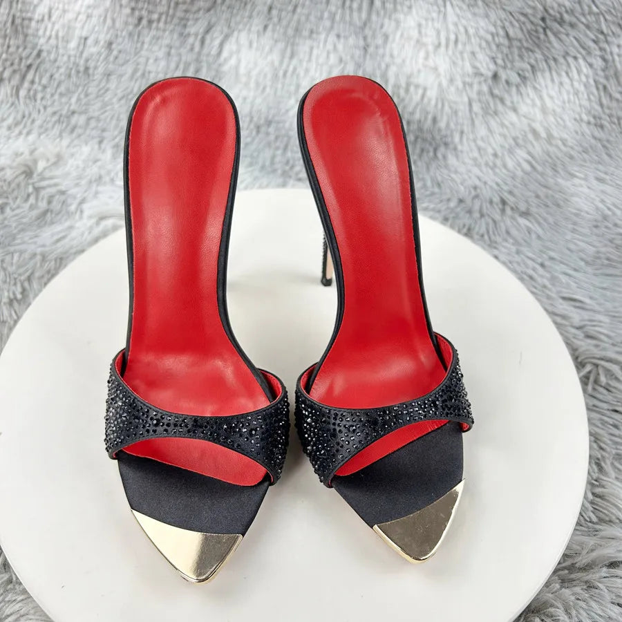 Diamond Black print high heeled slippers for women with thin heels, pointed toes exposed toes soles high heels 12cm sexy sandals