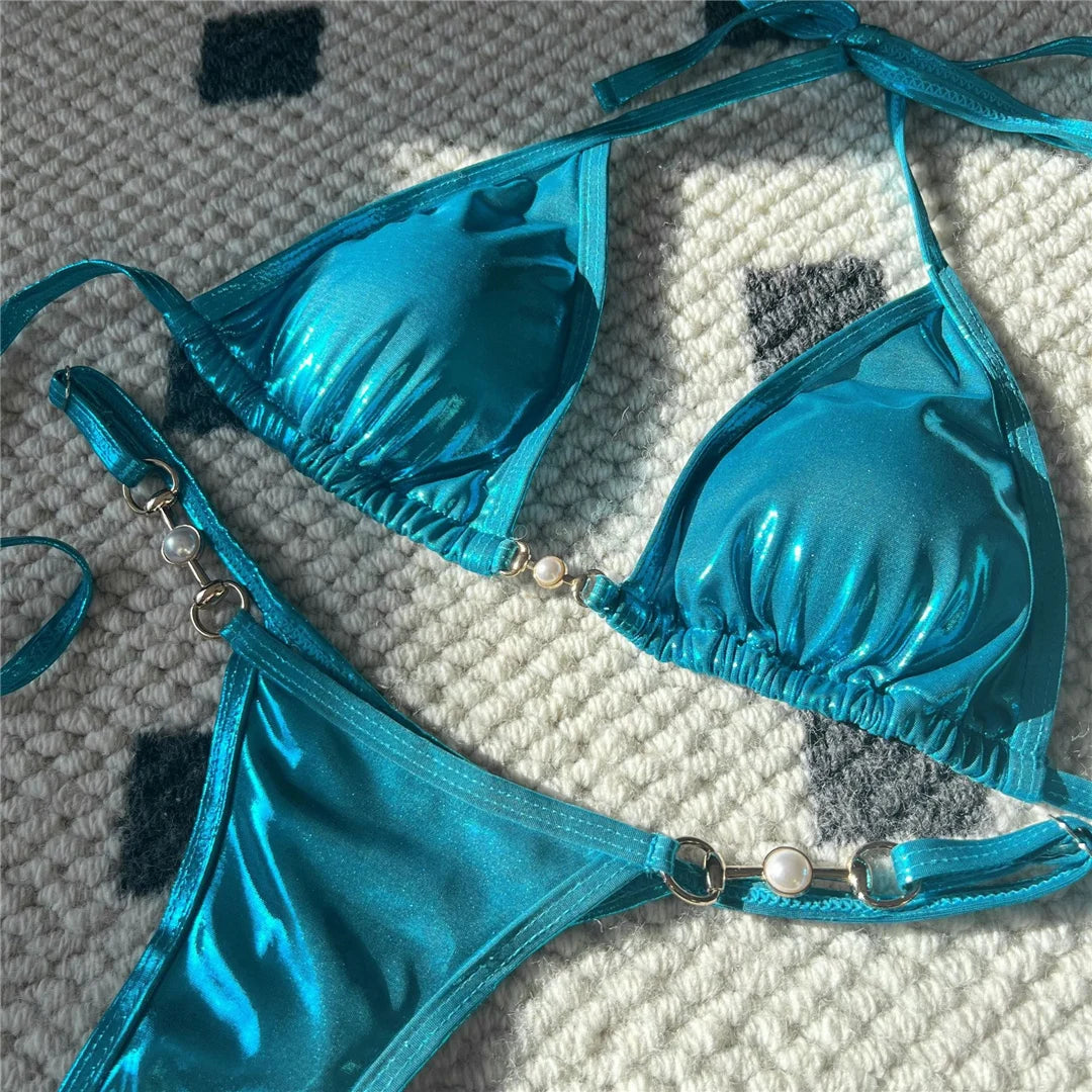 PU Faux Leather Halter Mini Thong Bikini Women Swimwear Female SwimsuitTwo-Pieces Bikini Set Bather Bathing Suit Swim V5206W