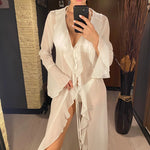 New Sexy V Neck Ruffled Long Sleeve Chiffon Tunic Beach Cover Up Cover-ups Beach Dress Beach Wear Beachwear Female Women V5976