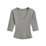 New Pure Desire Casual Style T-Shirt Hot Girl Sexy V-Neck Wool Lyocell Stretch Slim Fit Mid-Sleeve Solid Color Thin T-Shirt WLOC