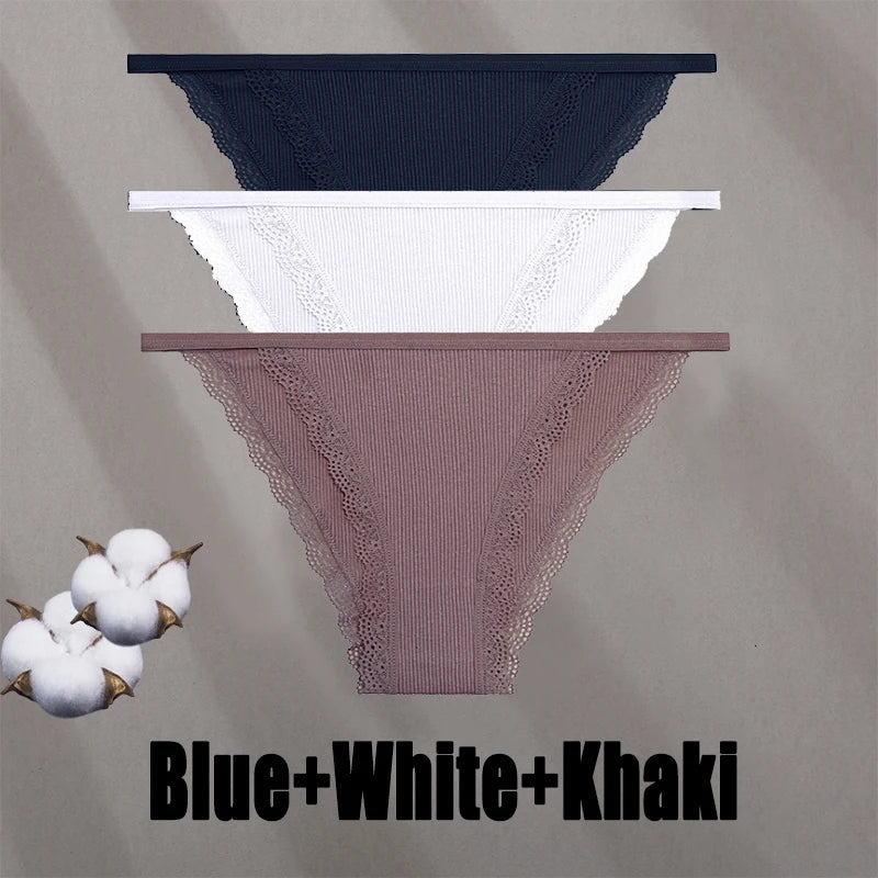 3PCS Women‘s Cotton Lace Panties Low Waist Briefs Comfortable Underwear Ladies Solid Color Underpants Girls Breathable Panty New