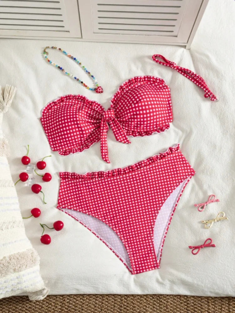 Vintage Coffee Plaid Print Bikini Set Women Bandeau Front Tie Push Up Bra High Waist Swimwear 2026 Beach Bathing Suit Swimsuit