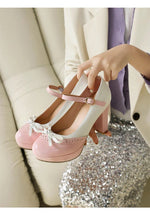 Plus Size Crossed Thin Ribbon Bow Shallow High-Heeled Shoes Patent Leather Splicing White PU Sweet Lolita Style Pumps