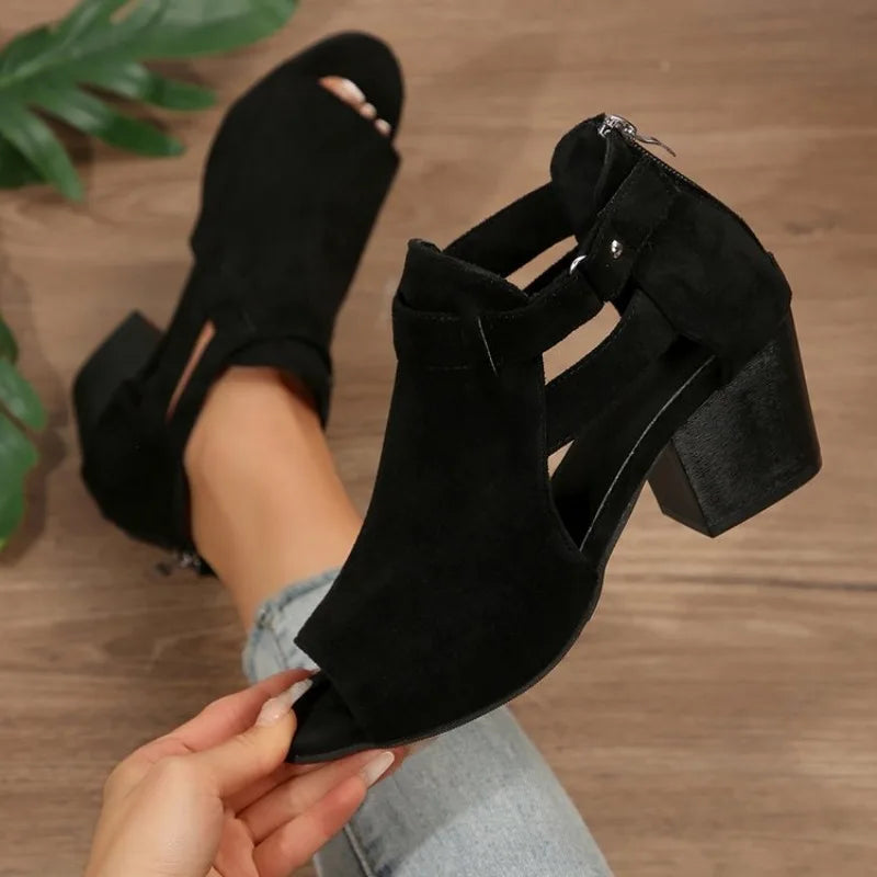 2026 Women SandalsChunky High Heels Soild Gladiator Open Peep Toe Women Black Shoes Buckle Back Zipper Sandalias De Mujer