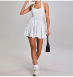 Summer Sleeveless Halter Slim Tennis Dress Women Sexy 2-in-1 Hollow Backless Golf Sports Dresses Outdoor Running Fitness Skirt