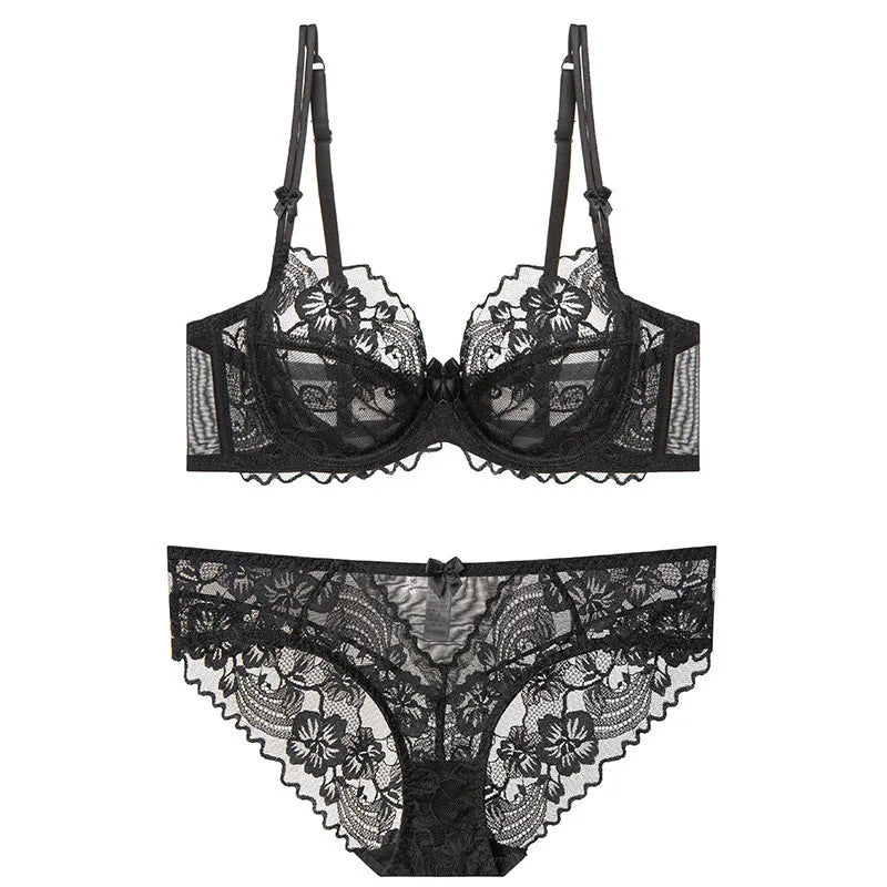 French Lace Lingerie Set Women Ultra Thin Sexy Underwire Bra&Panty Push Up Gather Breasts Pure Desire Large Breasts Support