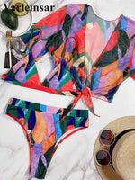 S - XXL Colorful Print High Waist Bikini Female Swimsuit Women Swimwear Three-Pieces Bikini Set Bather Bathing Suit Swim V2805