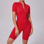 Summer Zipper Workout Jumpsuit Sports Overalls Women Running Fitness Short Sleeve Yoga Bodysuit