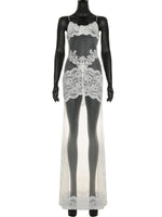 FDYOUI Sexy Lace Patchwork Mesh Long Dress Women Spaghetti Strap See-through Evening Party Dresses White Black Night Club Outfit