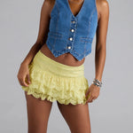 Women Summer Solid Color Mini Skirts Casual ElegantLow Rise Layered Ruffle Lace Skirt for Beach Vacation Club