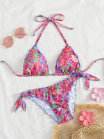 Cute Orange Floral Print Bikini Set Women Halter Ruffles Push Up Tie Side Thong Swimsuit 2026 Summer Bathing Suit Micro Swimwear