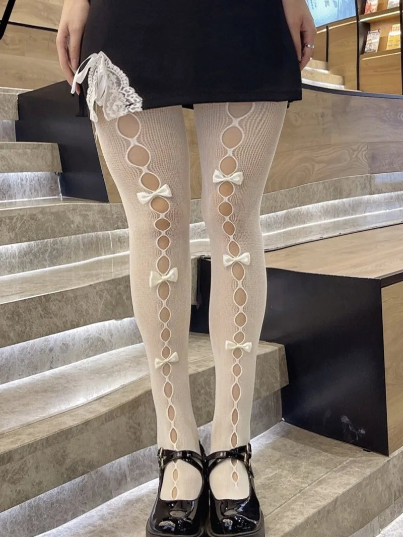 Lolita Bowknot Fishnet Stockings For Women Charming JK Fishnet Stockings White Pantyhose Sexy Hollow Out Pantyhose Elegant SC2U