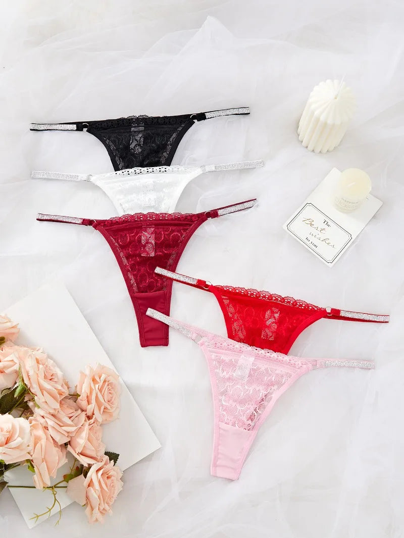 New Women Lace Trim Thong Panties Silver Ribbon Panel Low Rise Sexy G-string Breathable Stretch Skin Friendly Intimate Underwear