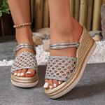Hollow Out Gold Wedge Heels Sandals Women Plus Size 43 Chunky Platform Slippers Woman Summer Slip On Weave Thick Sole Sandles