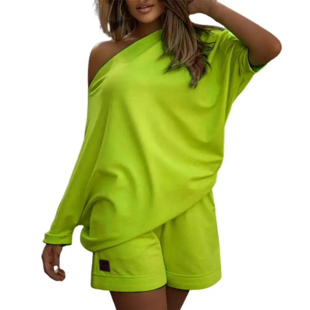 2 Pcs/Set Women Tracksuit One-shoulder Short Pants Solid Color Leisure Summer Top Set