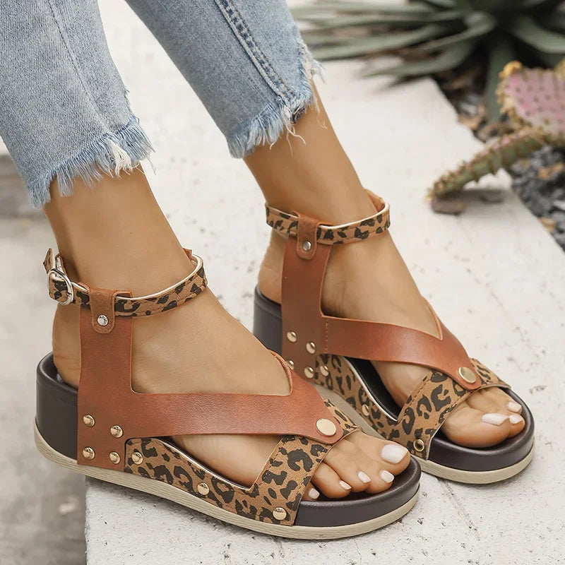 Summer Leopard Print Wedge Sandals Women Plus Size Ankle Strap High Heel Sandal Female New Slip On Pu Leather Sandalias Mujer
