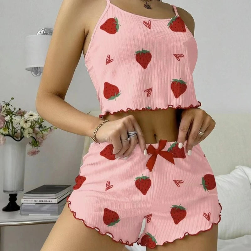 New Strawberry Print Sleepwear Set Women's Ribbed Pajamas with Hearts & Bow Soft Comfy Lounge Set with Shorts Cute Summer