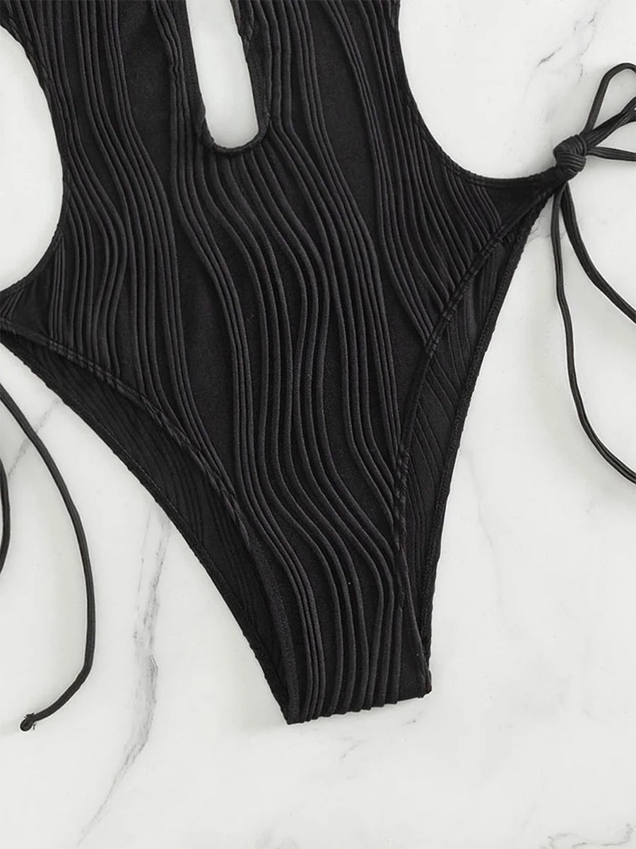 S - XXL Halter V Neck Wrinkled Female Swimwear One Piece Swimsuit Women Backless Monokini High Cut Bathing Suit Swim Beach Wear