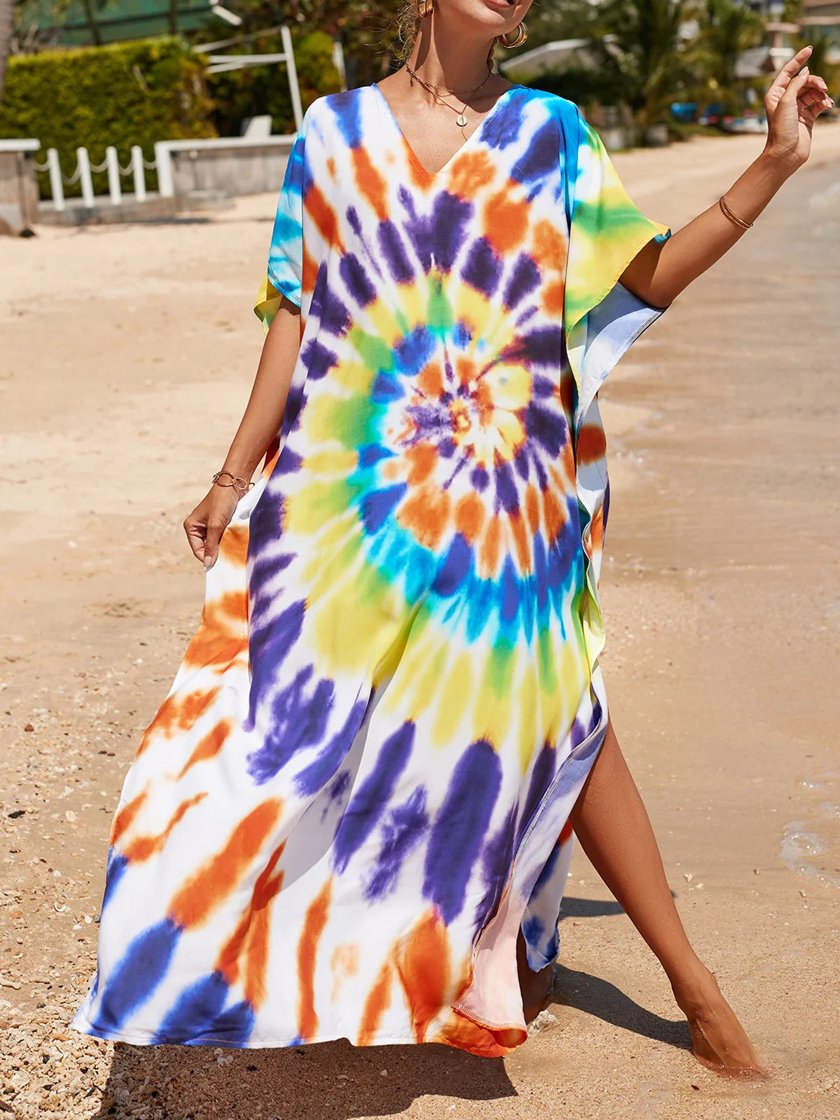 2026 New Colorful Kaftan Tunic Beach Dress Beach Wear Beachwear Beach Cover Up Cover-upsLoose Maxi Dress Female Women V4428