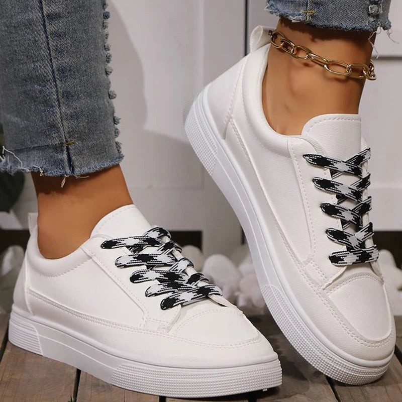 All Match Patchwork Lace Up Sneakers Women Faux Pu Leather Sports Shoes Woman Spring Autumn Non Slip Low Top Flats Shoes Mujer