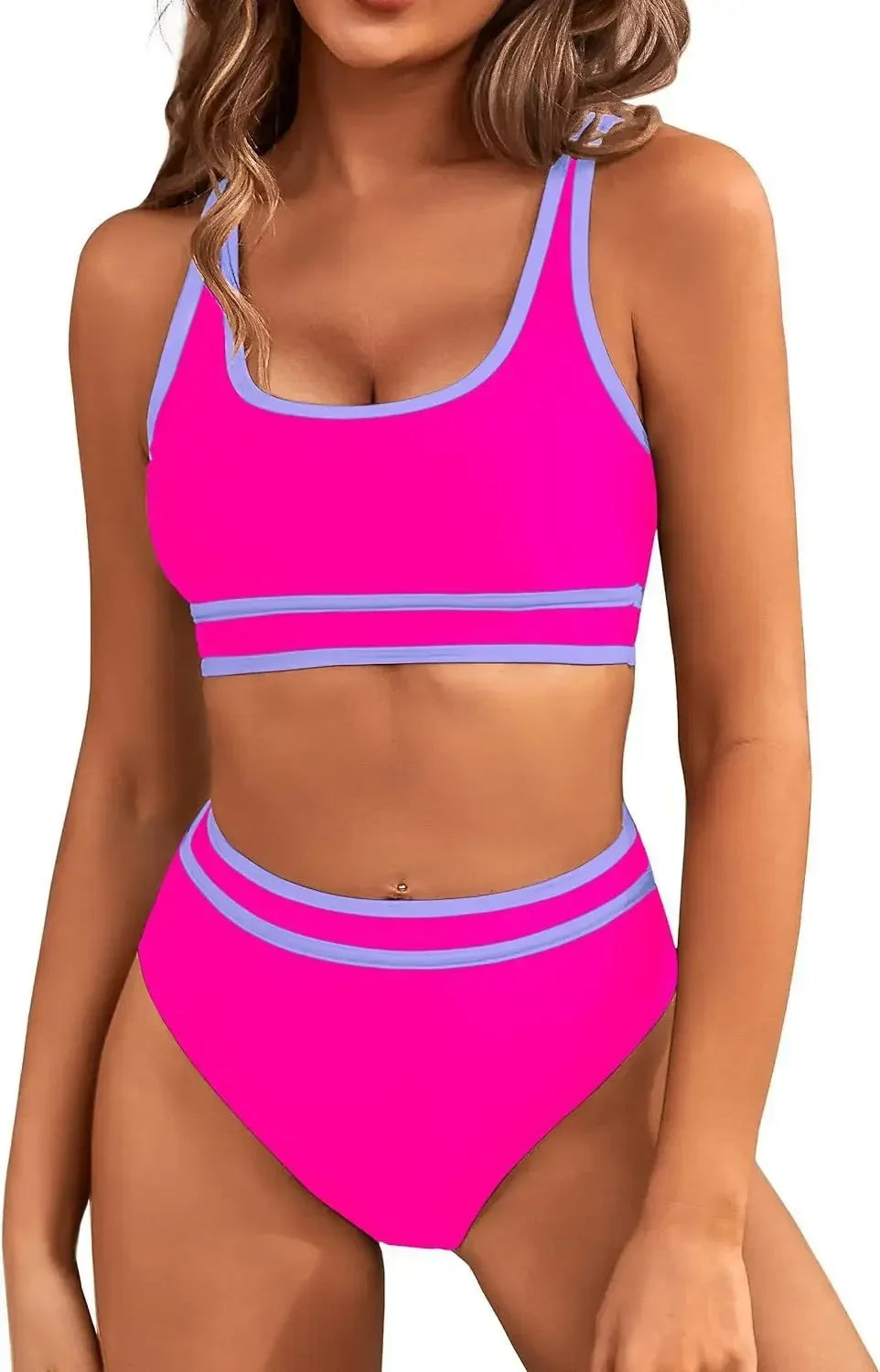 Women's High Waisted Bikini Sets 2026 Sporty Two Piece Swimsuits Color Block Cheeky High Cut Bathing Suits Summer Biquini Black