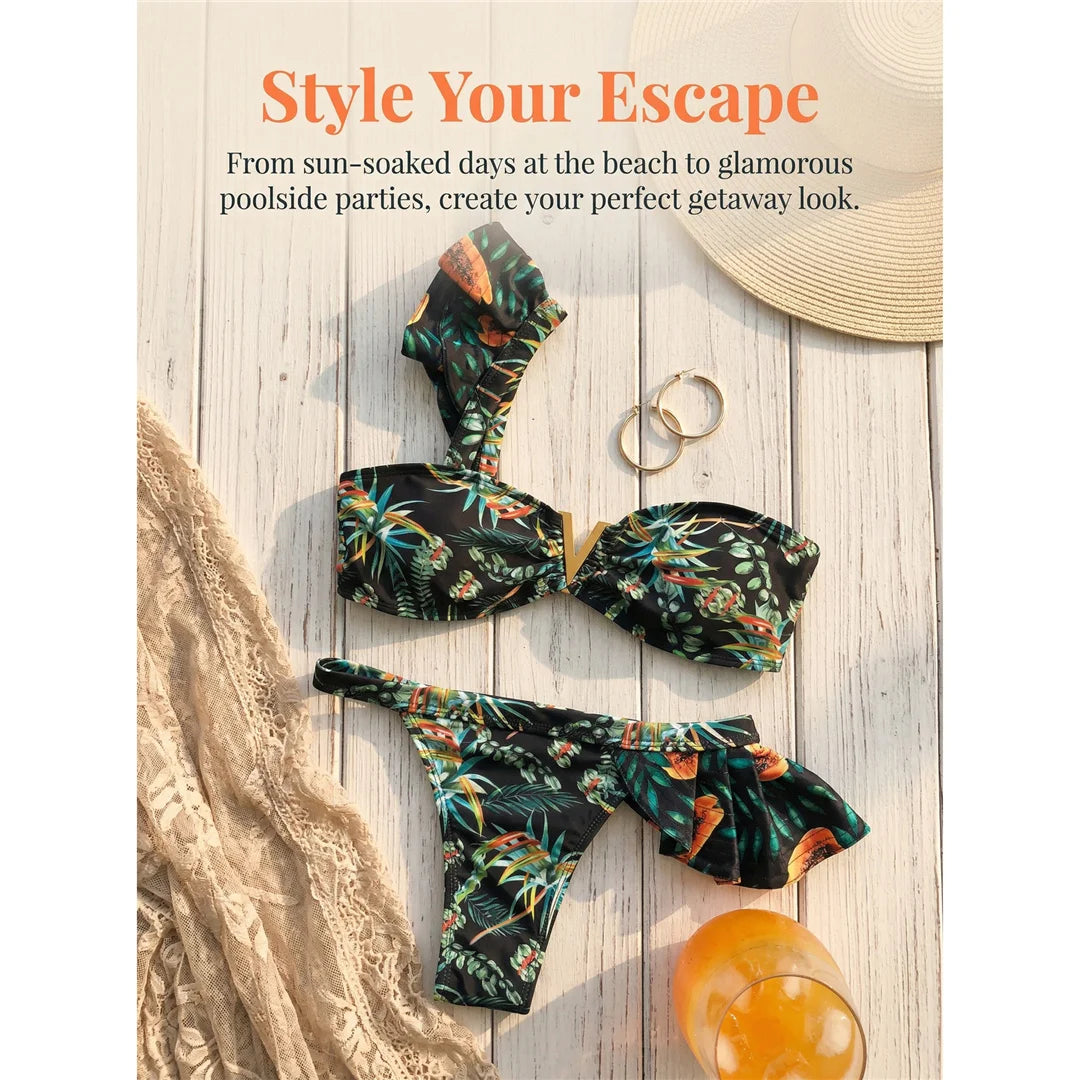 Flower Printed One Shoulder Bikini Women Swimwear Female Swimsuit Frilled Bather Bathing Suit Swim Two-pieces Bikini set K8049