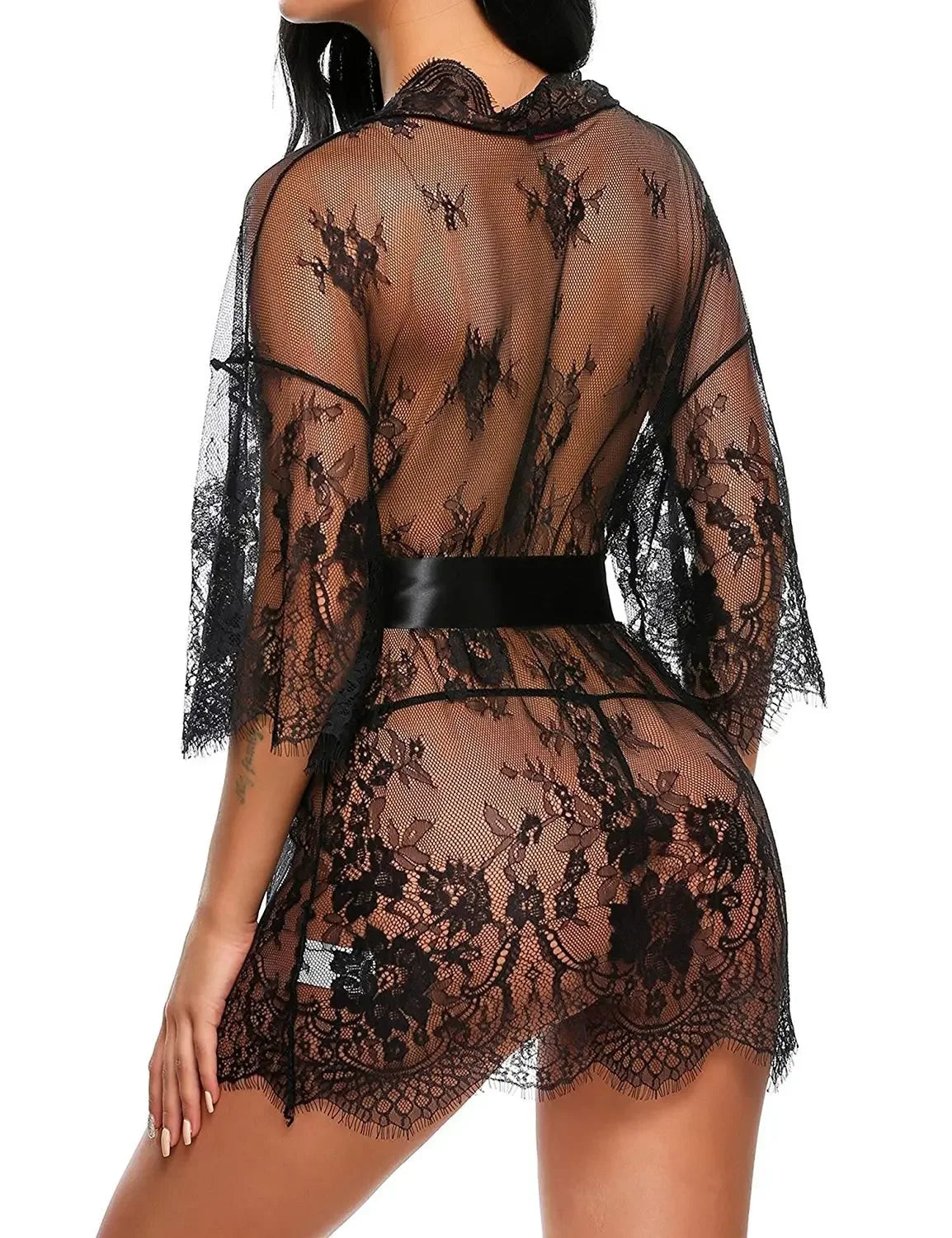 Women Sexy Lingerie Erotic Transparent V-Neck Nightwear Babydoll Robe G-string Costume Kimono Robe Lace Sleepwear Dress