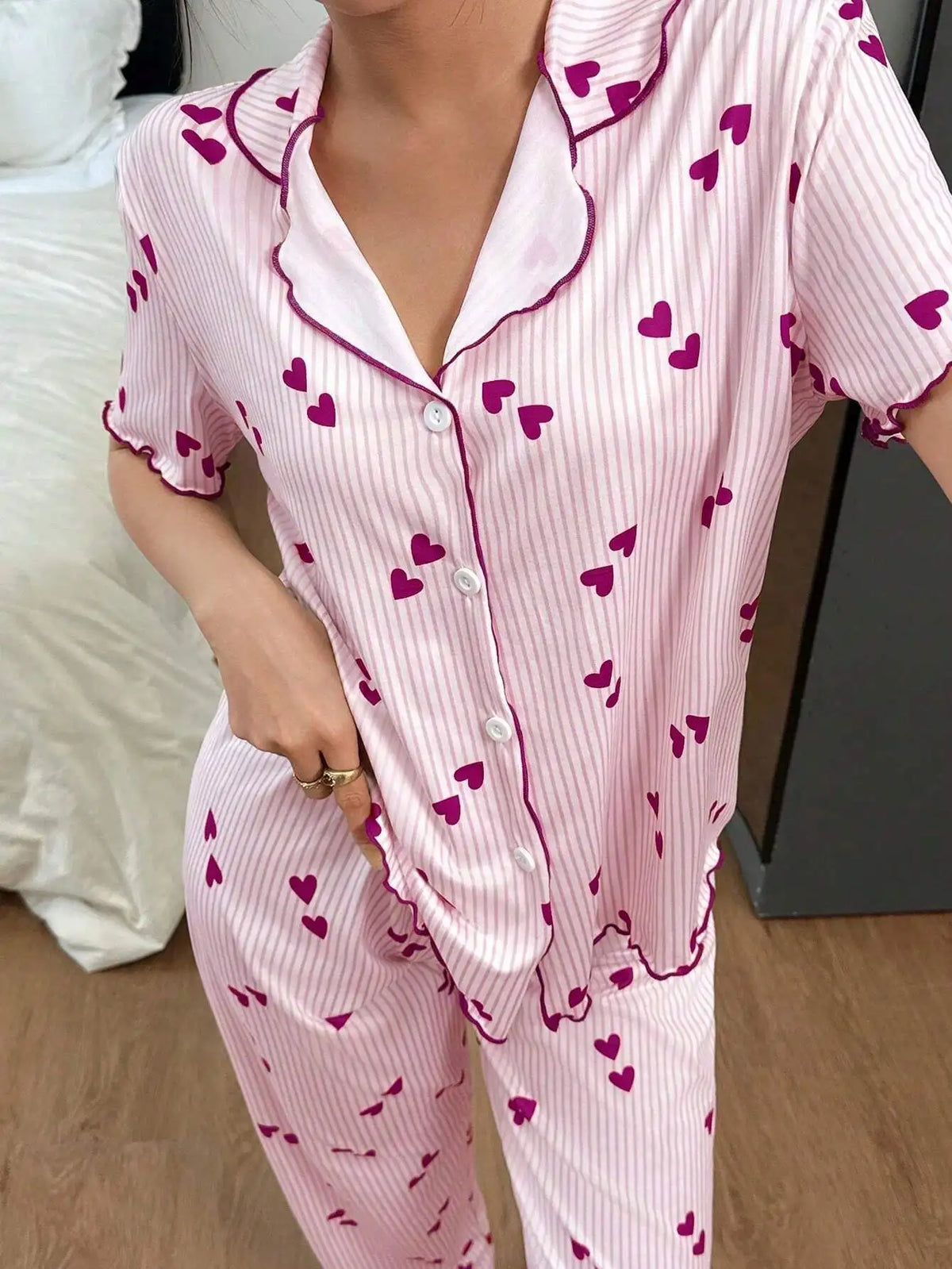 Loose Fit V-Neck Short Sleeve Print Cardigan Tops and Long Pants Set Home Sleepwear Women's Sleepwear Casual Pajamas Set