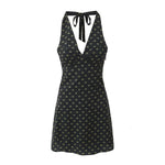 V Neck French Style Summer Women Dress Printed Boho Short Black Beach Dress Party Vintage Backless Tie Up Sexy Halter Dress 2025