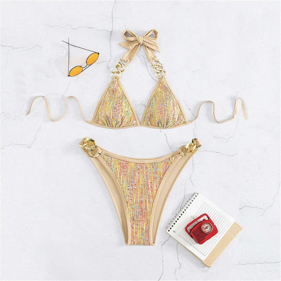 S - XL Halter Shiny Sequin Metal Ring Bikini Women Swimwear Female Swimsuit Two-pieces Bikini Set Bather Bathing Suit Swim V5108
