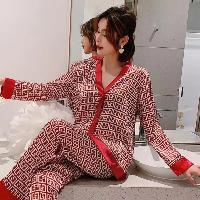Spring and Summer New Ice Silk Pajamas Homewear Set Girls Long-Sleeved V-Neck Cardigan Simulation Silk Lapel Pajamas Homewear Se