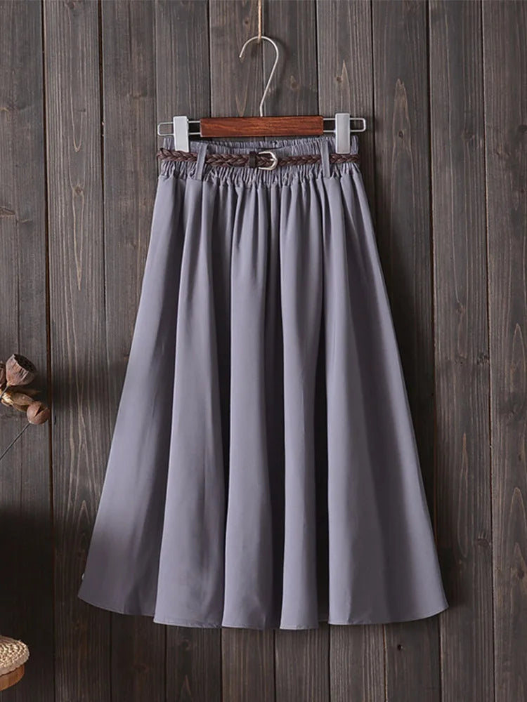 Midi Knee Length Summer Skirt Women With BeltFashion Korean Ladies High Waist Pleated A-line School Skirt Female