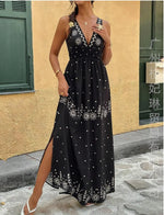 Bohemian Style Print Sleeveless Long Dresses Women Summer V-neck Backless Leace-up Slit Dress Casual Lady Vacation Vestidos