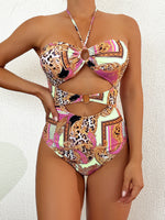 2026 Halter Hollow Swimsuit One Piece Sexy Print Ring Link Swimwear Women Bathing Swimming Swim Suit Padded Beachwear Summer XXL