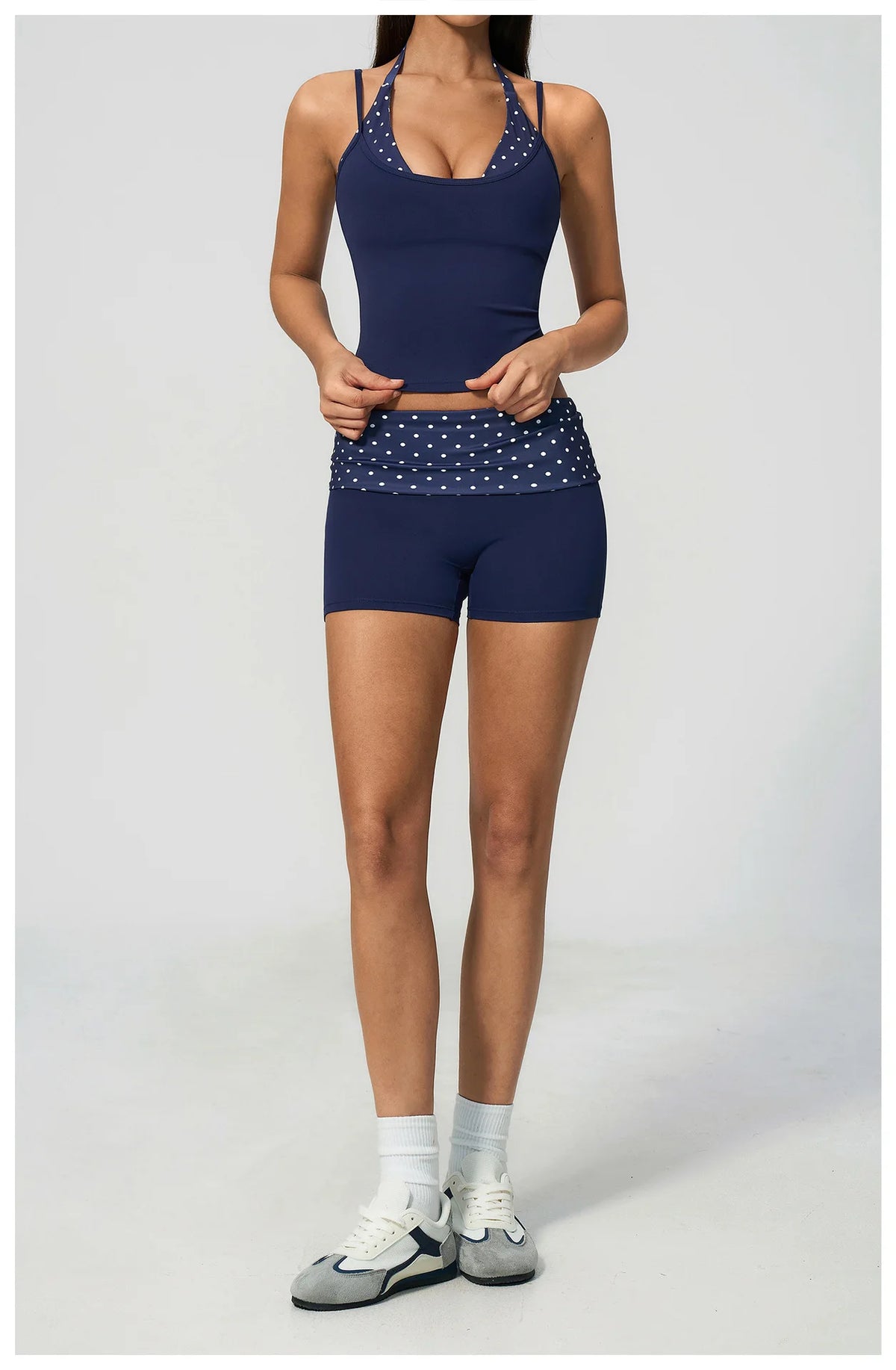 Quick Drying Polka Dot Patchwork Yoga Sets Women Hanging Neck Slim Shockproof Sports Tank Top Gym High Waist Shorts Fitnss Suit