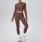 New Women Yoga Set Solid Color Double-Sided Brushed Bare Feel Short Long-Sleeve Jacket Tight Pants Running Fitness 2-Piece Set