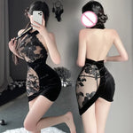Lace See-through Embroidery Backless Halter Qipao Mini Dress Women Chinese Traditional Cheongsam Sexy Lingerie Elegant Clothes