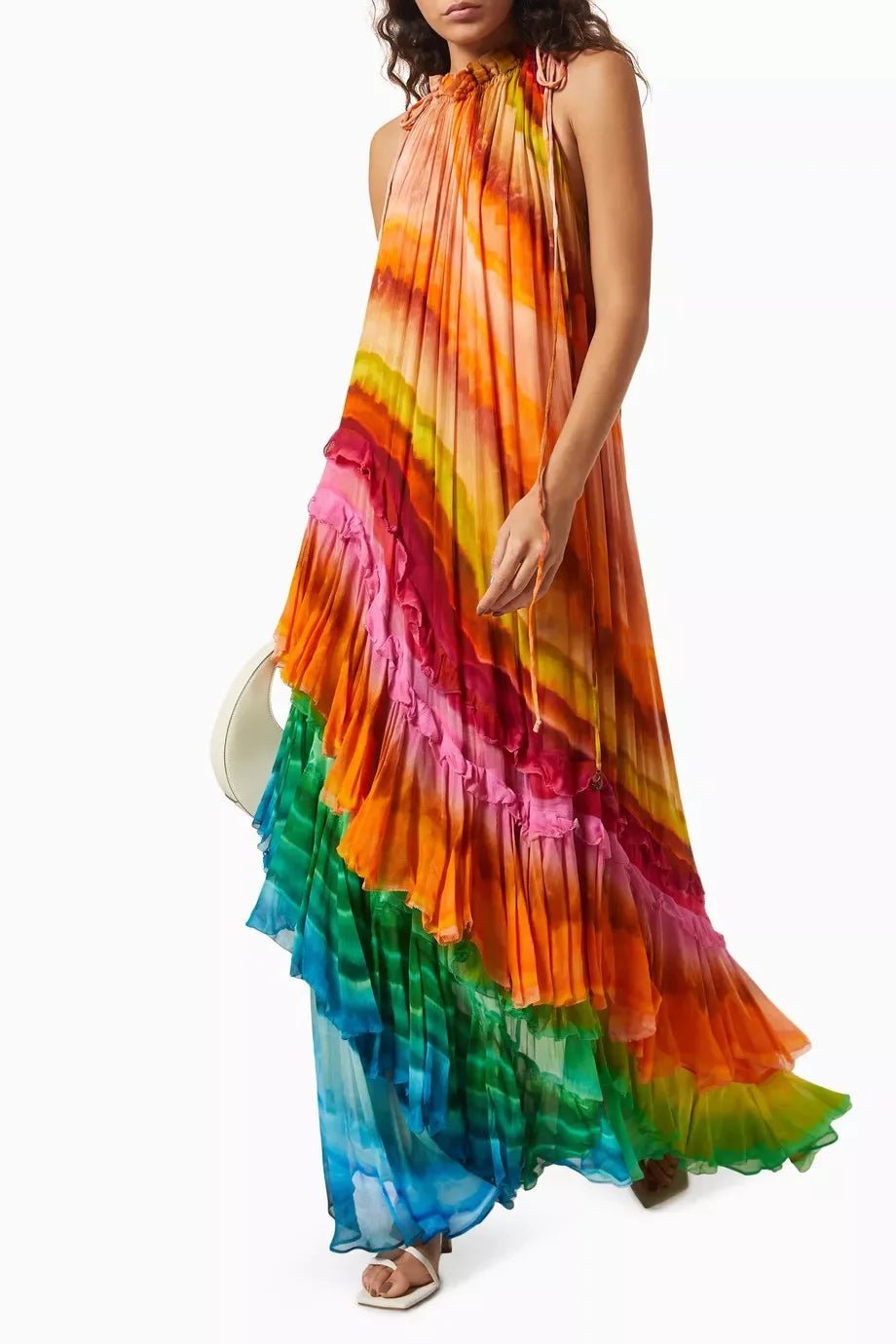 Rainbow Stripe Sleeveless Long Dresses Women Fashion Fold Layered Loose A-line Maxi Dress Temperament Lady Commuting Vestidos