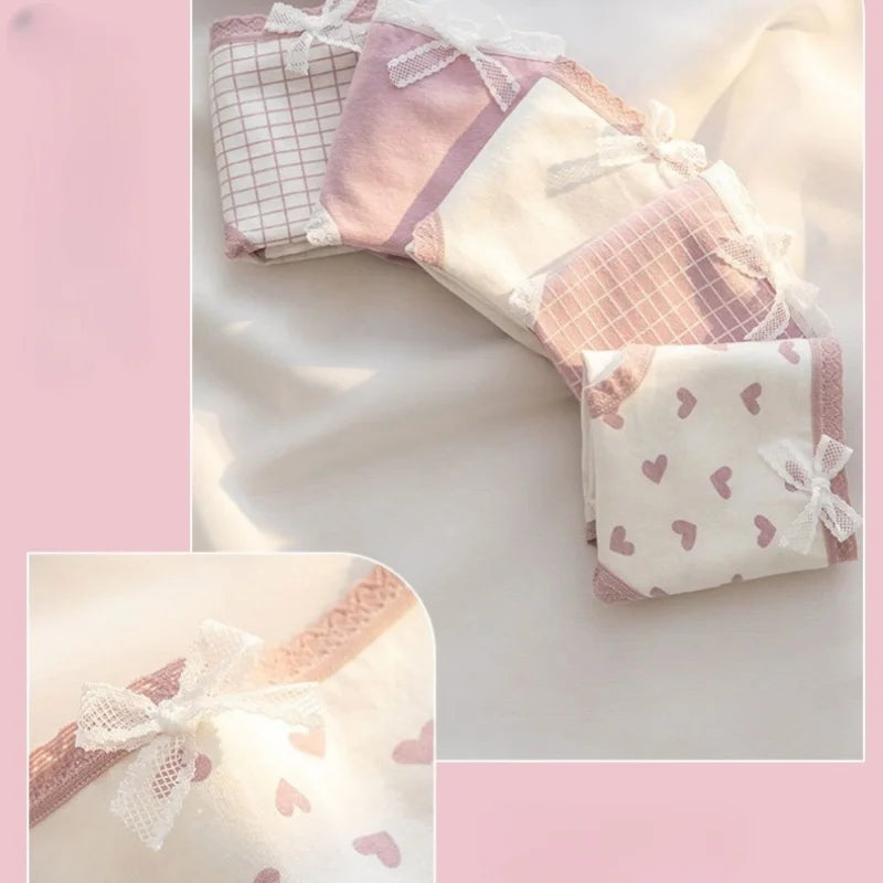 1 Pack Women's Cute Lace Trim Cotton Underwear Bow & Heart Print Briefs Sweet Style Lingerie M-XL Breathable Daily Panty