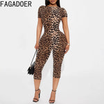 FAGADOER Sexy Leopard Print Bodycon Jumpsuits Women Sleeveless Backless Short SleeveRompers Female Club Party Overalls 2025