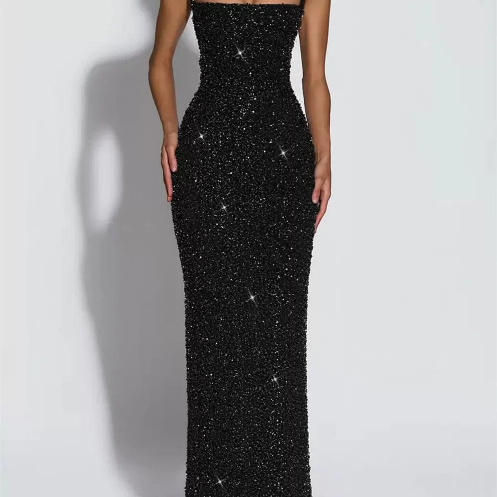 Women's Sequin Maxi Dress Burgundy Square Neck Sleeveless Bodycon Evening Gown Formal Party Prom Cocktail Mermaid Long Dresses