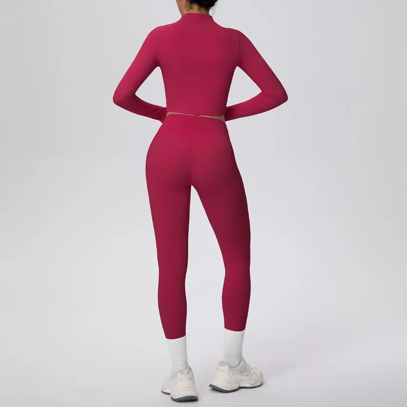 New Women Yoga Set Solid Color Double-Sided Brushed Bare Feel Short Long-Sleeve Jacket Tight Pants Running Fitness 2-Piece Set
