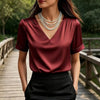 Women T-shirt Solid Color Loose Fit Smooth Satin V-Neck Short Sleeve Tops Ladies Summer Casual Tee Shirt Daily Wear