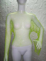 Women Rhinestone Fishnet T-shirt Solid Color Long Sleeve Crop Tops See Through Hollow Out Sexy Shirts Female Smock Tops