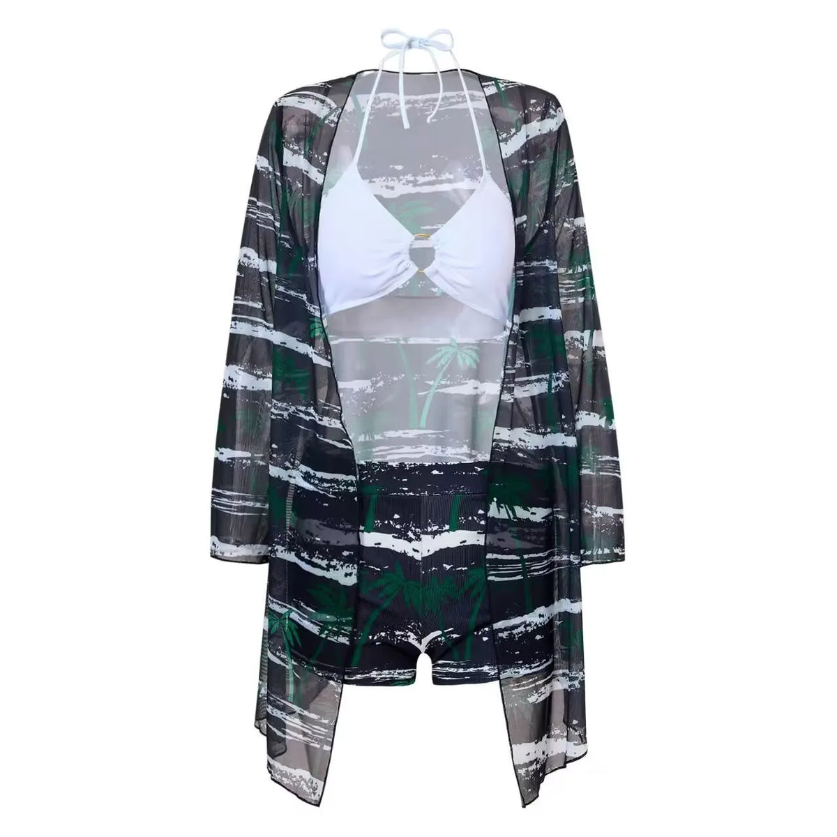 New Print 3 Pieces Padded High Waist Bikini Set Swimsuit Women Swimwear with Kimono Beach Wear Ladies Bathing Suit with Shorts