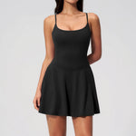 Women Tennis Dress with Shorts Pocket Square Neck Hollow Back Sleeveless One Piece Sports Outfit Fitness Pleate Mini Dresses