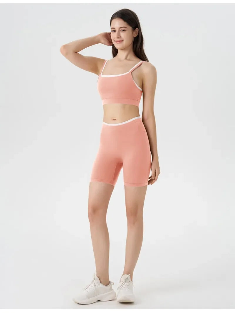 Women's 2-piece Yoga Set Fake Two-Piece Color-Block White Stripe Camisole Running Sports Bra Shorts Yoga Outfit Set