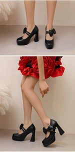 Plus Size Women's Bow Mary Janes Platform Chunky Heels Ankle Strap High Heel Pumps Sweet Lolita Party Dress Shoes
