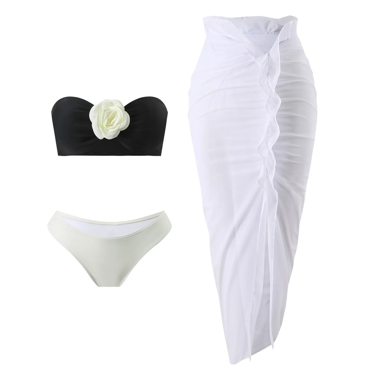 sexy 3d flower bandeau bikinis sets 3pcs with long mesh split skirt black white patchwork swimsuit bathing suit beach outfits